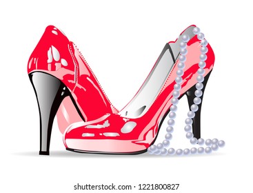 Varnish red fashionable shoes with pearl beads isolated on white background