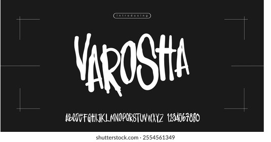 Varosha Font is Grunge Horror Font. Hand Made Brush Typeface. Vector Stock Illustration. Bloody Brush stroke Alphabet. Typography for scary headlines and horror movie scenarios Gore typography