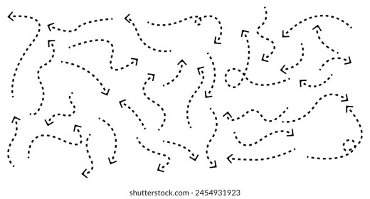 Varous dot style hand drawn black arrows set. Line dotted curve collection. Isolated graphic element.