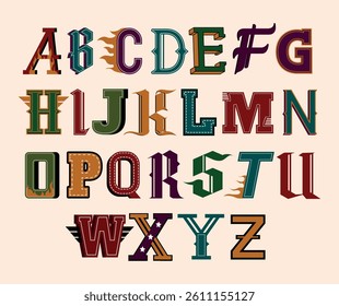 Varsity athletic letters. Vintage retro alphabet letters for patches, sport print and embroidery. Design elements for typography. Flat vector illustration collection isolated on background
