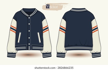 Varsity Béisbol, chaqueta de bombardero, ilustración de varsity, Mockup de chaqueta de varsity clásico, Bosquejo delantero y trasero de la chaqueta con capucha, Mockup de Vector del paquete de tecnología de la chaqueta de Varsity, Moda mock adelante y atrás sketch.eps