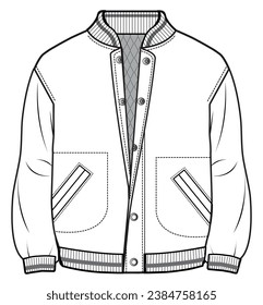 chaqueta de bombardero varsity niños y niñas chaqueta de béisbol dibujo plano ilustración vectorial plantilla técnica de dibujo cad