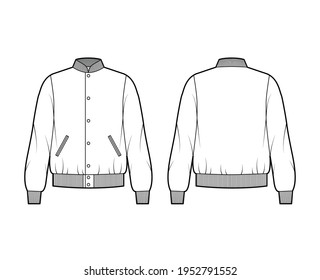 Varsity Bomber jacket technical fashion illustration with Rib baseball collar, cuffs, waistband, buttons fastening, oversized, long sleeves. Flat coat template front, back white color. Women men CAD