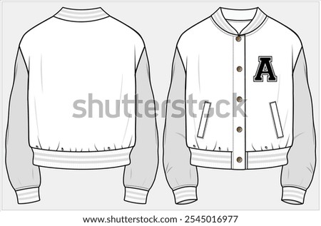 VARSITY BOMBER JACKET WITH WELT POCKET AND VARSITY TYPO  DETAIL DESIGNED FOR WOMEN AND TEEN GIRLS IN VECTOR ILLUSTRATION FILE