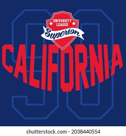 Varsity California slogan print. College slogan typography print design. Vector t-shirt graphic or other uses.