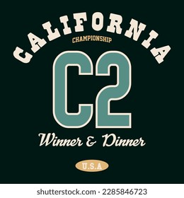 Varsity California slogan print in college style typography print design. Vector t-shirt graphic or other uses.