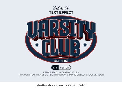 Varsity Club Efecto de texto 3D Sport Theme. Efecto de texto editable.