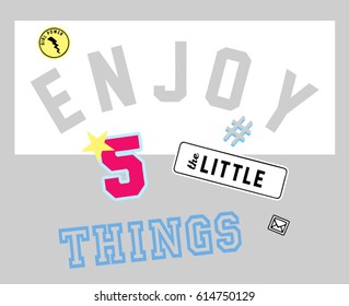 Varsity College Graphic with funny patches. Apparel Print. Vector Illustration. patch artwork. 