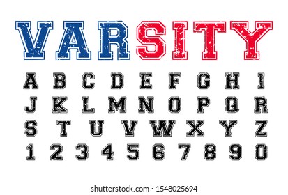 Varsity distressed font, college alphabet, sport font, letters and numbers. College alphabet, great design for tshirt, banner, invitation. 