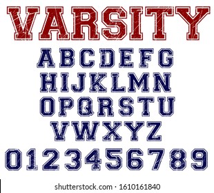 Varsity distressed font vector. Sport font, college alphabet, distressed letters and numbers. Sport design for t shirt. svg