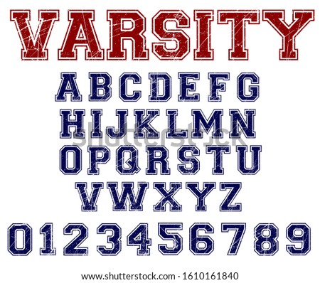 Varsity distressed font vector. Sport font, college alphabet, distressed letters and numbers. Sport design for t shirt.