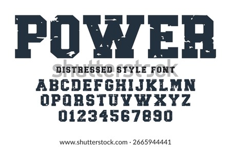 Varsity distressed font vector. Sport font, college alphabet, distressed letters and numbers. Sport design for t shirt.
