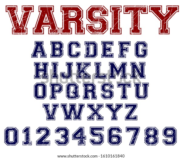 Varsityの悩みフォントのベクター画像 スポーツ用のフォント 大学のアルファベット 悩ましい文字 数字 Tシャツのスポーツデザイン のベクター画像素材 ロイヤリティフリー