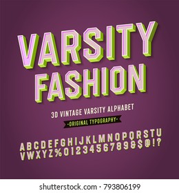 'Varsity Fashion' Vintage Retro 3D Varsity College Alphabet. Original Athletic Department Typeface. Retro Typography. Vector Illustration.