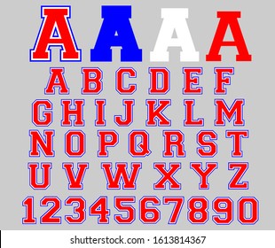 Varsity font vector 3 layers. Sport font college alphabet letters and numbers. Sport design for t shirt. svg