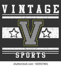 Varsity graphic design with letters on black background. Vector illustration for manufacturing.