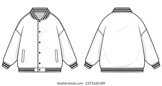 Varsity jacket fashion technical drawing template. bomber jacket Illustration. front and back view, Black and white color, Unisex,  Oversized. CAD mockup set.