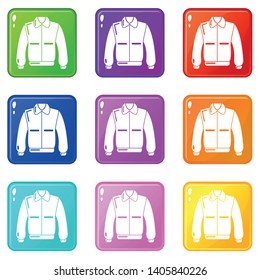 Varsity jacket icons set 9 color collection isolated on white for any design