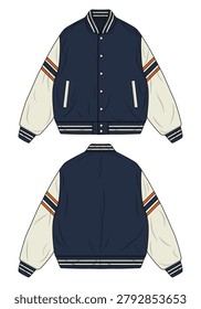 Varsity Jacket Tech Pack Vector Mockup, Navy Blue and Cream Letterman Jacket Front and Back View Blank Template for Apparel Design