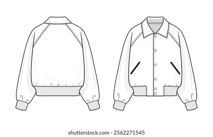 Varsity Jacket technical fashion illustration. varsity jacket vector template illustration. front and back view. relaxed fit. raglan sleeves. unisex. button-up front. White color. CAD mockup.