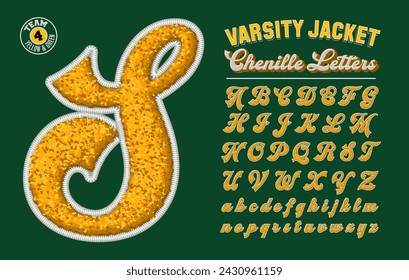 Una colección de letras en color verde y amarillo para el equipo. Efecto de tela de chenille en el alfabeto 3d.