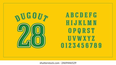 Varsity Look: Jersey Number Design. Classic green hues with digits 0-9 and uppercase letters A-Z. Perfect for custom sports jerseys and team apparel.