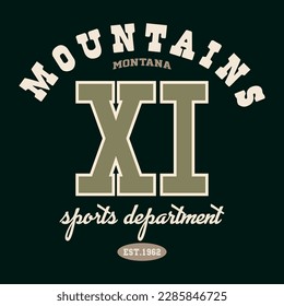 Varsity Mountains slogan print in college style typography print design. Vector t-shirt graphic or other uses.