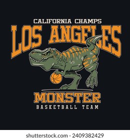 Varsity print. cute dinosaur cartoon basketball mascot for t shirt graphic design