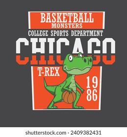 Varsity print. cute dinosaur cartoon basketball mascot for t shirt graphic design