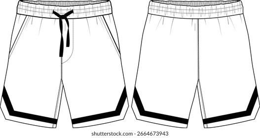 Varsity Shorts flache Skizze Vektorgrafik Vorder- und Rückansicht technische CAD-Zeichnungsschablone