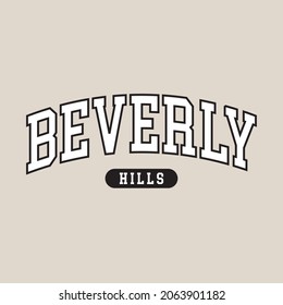 Huella de eslóganes de Varsity. Beverly Hills College diseño de la tipografía de eslogan. Gráfica de camisetas vectoras u otros usos.