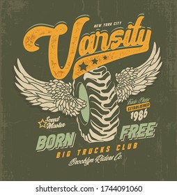 Varsity speed master riders. Born free New York city Motorcycle Racer with typography. T-shirt design, print, poster, vector. Original wear. Concept in vintage graphic style for print production.