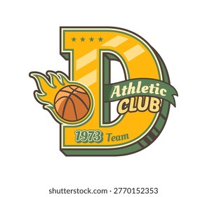 Varsity sport team patch and label. Bold letter D with flaming basketball, text and five stars in gold and green retro design. Vintage patch for sports apparel, and basketball team uniforms