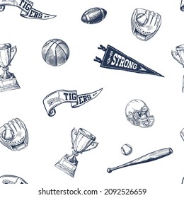 Varsity Sport Tools Seamless Pattern, Vector Athletic Print