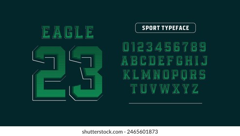 Varsity Style Jersey Diseño: Águila 23. Estilo clásico de la universidad con tonos verdes. Incluye dígitos 0-9 y letras mayúsculas A-Z. Perfecto para camisetas deportivas personalizadas y ropa de equipo.