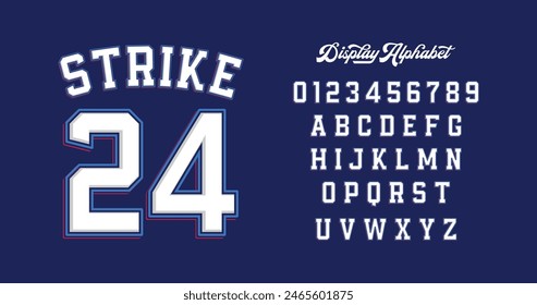 Diseño de Jersey Varsity Style: Strike 24. Look clásico de la universidad con azul marino y blanco. Incluye dígitos 0-9 y letras mayúsculas A-Z. Perfecto para camisetas deportivas personalizadas y ropa de equipo.