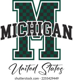 varsity style letter 'M'. Michigan written in college font. The inside of the letter is checkered. city ​​name graphics