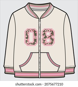 VARSITY SWEAT TOP WITH ZIPPER FOR TEEN GIRLS AND KID GIRLS IN EDITABLE VECTOR FILE