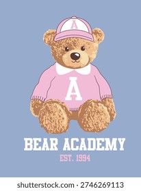 varsity teddy bear with sweater and cap on blue background