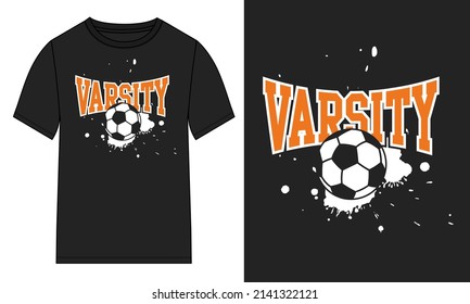 Varsity text with football and others object Typography t-shirt design Ready to print. Modern, lettering t shirt vector illustration isolated on black template view. Apparel calligraphy text graphic.
