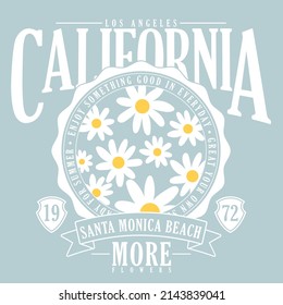 varsity typography with daisy flowers illustration.California slogan for t-shirt print