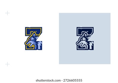 Varsity Z-Logo Design mit US Wolf Emblem für College Athletics. Einzeln auf weißem Hintergrund.