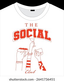 A varsity-style line art illustration of hands toasting with food and drinks, celebrating friendship and social vibes — a graphic print for t-shirt or any design.