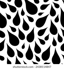 Varying in size hand drawn black drops tightly placed close together over white background. Simple contrasty monochrome seamless vector pattern for printing or use in graphic design projects.