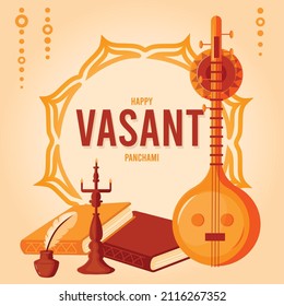 Vasant Panchami background with gold sitar, feather and books 