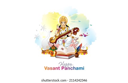 Vasant Panchami or Basant Panchami festival background. Goddess Saraswati puja Vector illustration svg