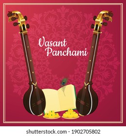 Vasant Panchami beautiful vector illustrations with veena and traditinal background