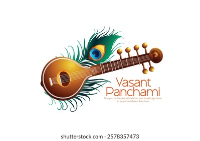 Vasant Panchami Festival Illustration Featuring Veena, Peacock Feather