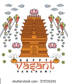 Vasant Panchami flat thin line greeting card banner template. Indian temple, Saraswati, veena, oil lamps, lotus. Hindu festival linear minimal modern stroke vector concept. Web, banner, poster, flyer