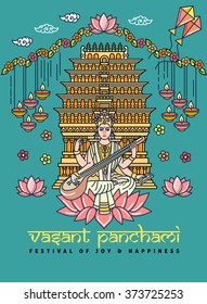 Vasant Panchami flat thin line greeting card banner template. Indian temple, Saraswati, veena, oil lamps, lotus. Hindu festival linear minimal modern stroke vector concept. Web, banner, poster, flyer